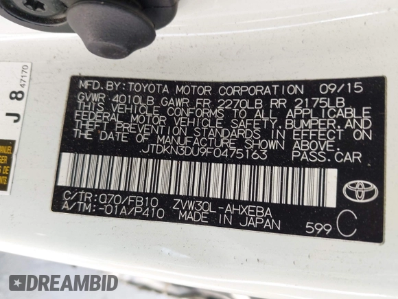 2015 Toyota Prius Four with VIN JTDKN3DU9F0475163, listed as a IAAI auction lot 42630828 with 158,095 mi miles and . Bid and sale history available at DreamBid. Image 9.
