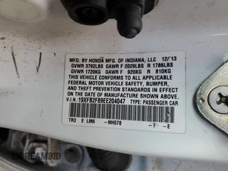 2014 Honda Civic Sedan EX with VIN 19XFB2F89EE204047, listed as a Copart auction lot 42176195 with 112,468 mi miles and Salvage Title. Bid and sale history available at carsss.com. Image 12.