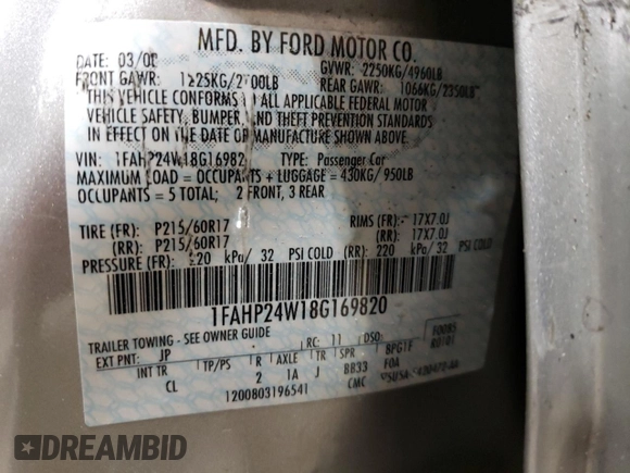 2008 Ford Taurus SEL with VIN 1FAHP24W18G169820, listed as a Copart auction lot 59173415 with 161,749 mi miles and Salvage title. Bid and sale history available at DreamBid. Image 13.