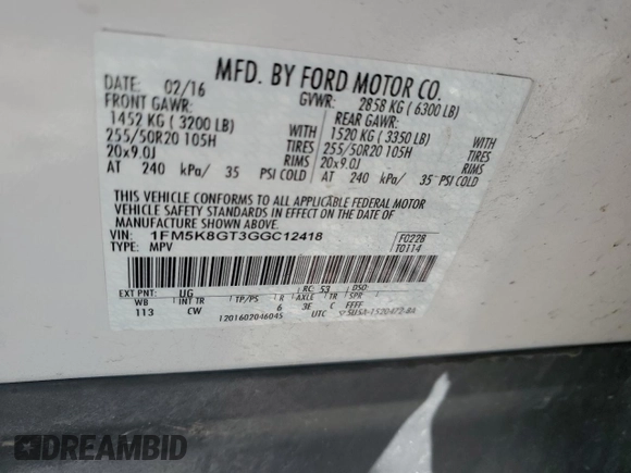 2016 Ford Explorer Sport with VIN 1FM5K8GT3GGC12418, listed as a Copart auction lot 53254395 with 135,186 mi miles and Salvage title. Bid and sale history available at DreamBid. Image 13.