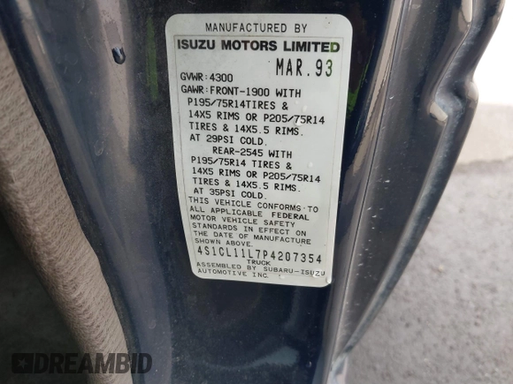 1993 Isuzu Pickup S z VIN 4S1CL11L7P4207354, wystawiony jako IAAI lot #41237021 z przebiegiem 192 502 mil mil oraz . Historia ofert i sprzedaży dostępna na DreamBid. Obrazek 9.