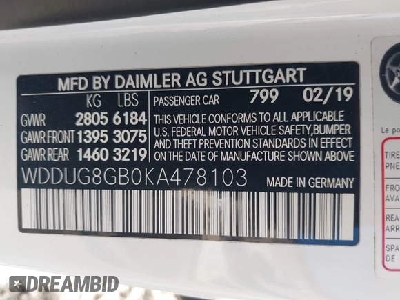 2019 Mercedes-Benz S 560 with VIN WDDUG8GB0KA478103, listed as a IAAI auction lot 40647036 with 67,353 mi miles and . Bid and sale history available at DreamBid. Image 9.
