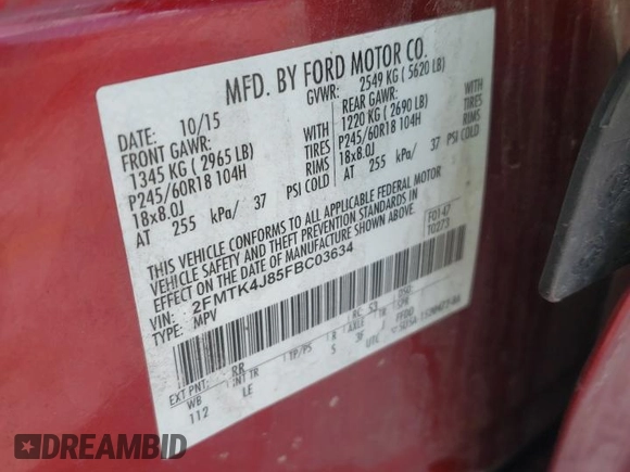 2015 Ford Edge SEL with VIN 2FMTK4J85FBC03634, listed as a Copart auction lot 52399625 with 92,127 mi miles and Salvage Title. Bid and sale history available at carsss.com. Image 12.