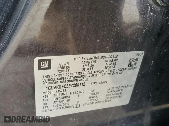 2014 Chevrolet Silverado 1500 LTZ with VIN 1GCVKSEC3EZ280112, listed as a Copart auction lot 55689055 with 126,269 mi miles and Clean Title. Bid and sale history available at DreamBid. Image 12.