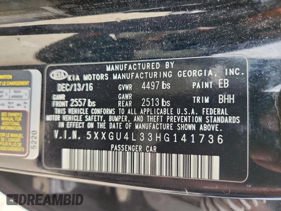 2017 Kia Optima EX with VIN 5XXGU4L33HG141736, listed as a Copart auction lot 63155955 with 195,554 mi miles and Clean title. Bid and sale history available at DreamBid. Image 12.