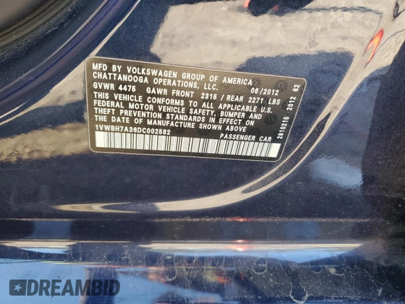 2013 Volkswagen Passat SE with VIN 1VWBH7A36DC002582, listed as a Copart auction lot 45982575 with 116,893 mi miles and Clean Title. Bid and sale history available at carsss.com. Image 12.