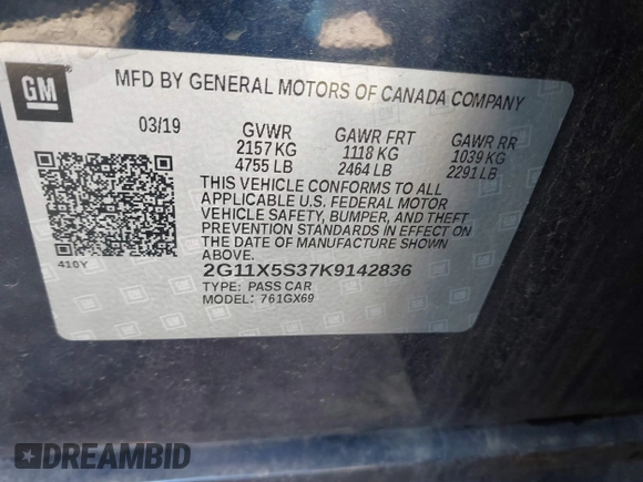 2019 Chevrolet Impala LS with VIN 2G11X5S37K9142836, listed as a IAAI auction lot 41340799 with 31,217 mi miles and . Bid and sale history available at DreamBid. Image 9.