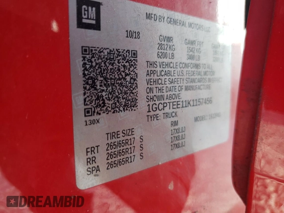 2019 Chevrolet Colorado 4WD ZR2 with VIN 1GCPTEE11K1157456, listed as a Copart auction lot 81283874 with 119,402 mi miles and Salvage title. Bid and sale history available at DreamBid. Image 12.