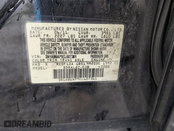 2012 Nissan Sentra S with VIN 3N1AB6AP9CL607361, listed as a Copart auction lot 59129215 with 223,231 mi miles and Salvage title. Bid and sale history available at DreamBid. Image 12.