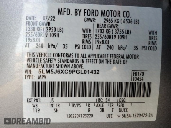 2023 Lincoln Aviator Standard z VIN 5LM5J6XC9PGL01432, wystawiony jako Copart lot #86017864 z przebiegiem Nie podano mil oraz Szkoda całkowita • Salvage title. Historia ofert i sprzedaży dostępna na DreamBid. Obrazek 14.