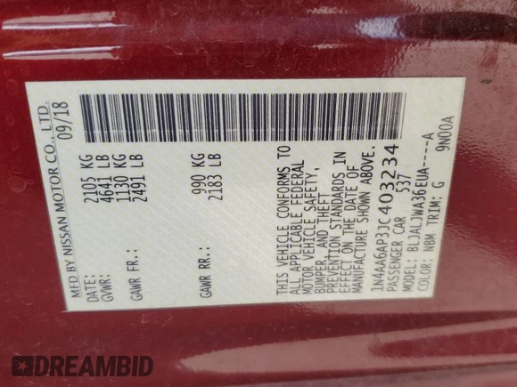 2018 Nissan Maxima SL with VIN 1N4AA6AP3JC403234, listed as a Copart auction lot 50927075 with 69,158 mi miles and Salvage title. Bid and sale history available at DreamBid. Image 13.