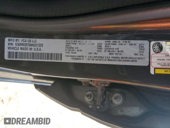2022 Ram 1500 Big Horn with VIN 1C6RREBT5NN201329, listed as a Copart auction lot 56428285 with 82,966 mi miles and Salvage title. Bid and sale history available at DreamBid. Image 12.