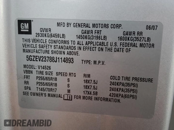 2008 Saturn Outlook XR z VIN 5GZEV23788J114893, wystawiony jako Copart lot #71195534 z przebiegiem 145 518 mil mil oraz Szkoda całkowita • Salvage title. Historia ofert i sprzedaży dostępna na DreamBid. Obrazek 14.