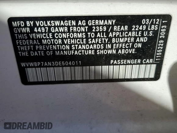 2013 Volkswagen CC R-Line with VIN WVWBP7AN3DE504011, listed as a Copart auction lot 73289984 with 102,081 mi miles and Clean Title. Bid and sale history available at carsss.com. Image 12.