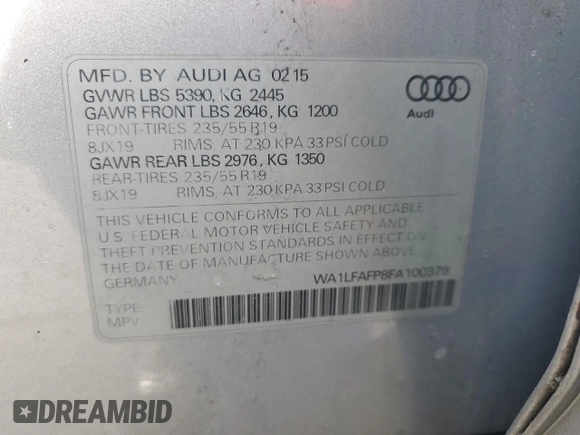 2015 Audi Q5 Premium Plus z VIN WA1LFAFP8FA100379, wystawiony jako Copart lot #49571005 z przebiegiem Nie podano mil oraz Szkody całkowita. Historia ofert i sprzedaży dostępna na DreamBid. Obrazek 13.