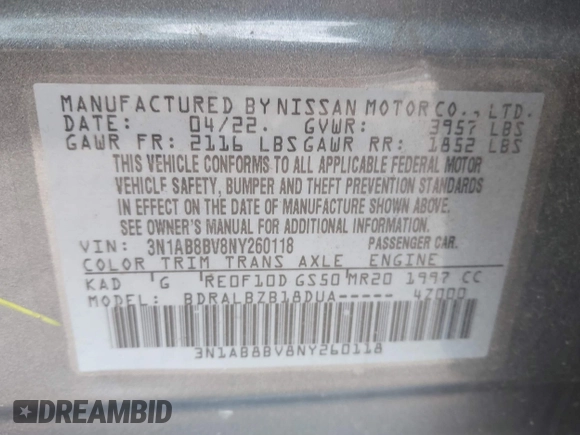 2022 Nissan Sentra S with VIN 3N1AB8BV8NY260118, listed as a IAAI auction lot 41701819 with 96,144 mi miles. Bid and sale history available at carsss.com. Image 9.