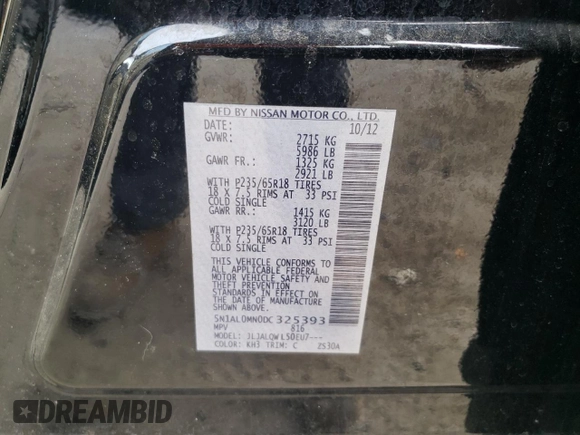 2013 Infiniti JX35 with VIN 5N1AL0MN0DC325393, listed as a Copart auction lot 47621695 with 228,929 mi miles and Salvage Title. Bid and sale history available at carsss.com. Image 13.