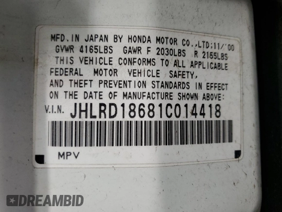 2001 Honda CR-V EX with VIN JHLRD18681C014418, listed as a Copart auction lot 52977375 with 246,943 mi miles and Salvage Title. Bid and sale history available at carsss.com. Image 13.