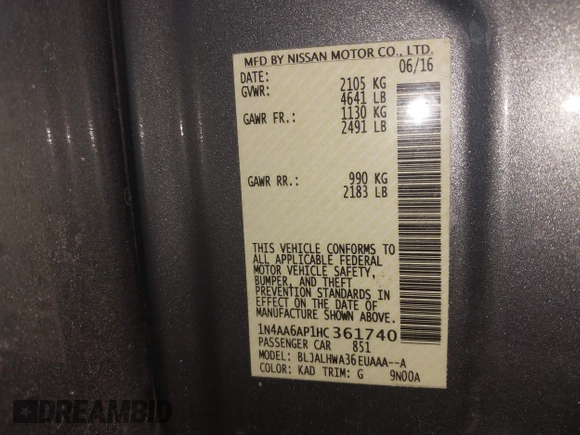2017 Nissan Maxima S with VIN 1N4AA6AP1HC361740, listed as a IAAI auction lot 40868494 with 90,607 mi miles and . Bid and sale history available at DreamBid. Image 9.