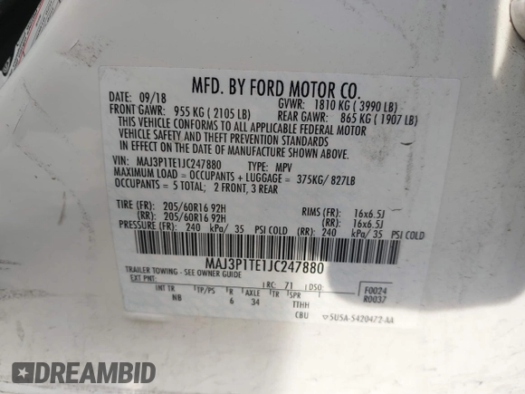 2018 Ford EcoSport SE with VIN MAJ3P1TE1JC247880, listed as a IAAI auction lot 41934171 with 80,627 mi miles. Bid and sale history available at carsss.com. Image 9.
