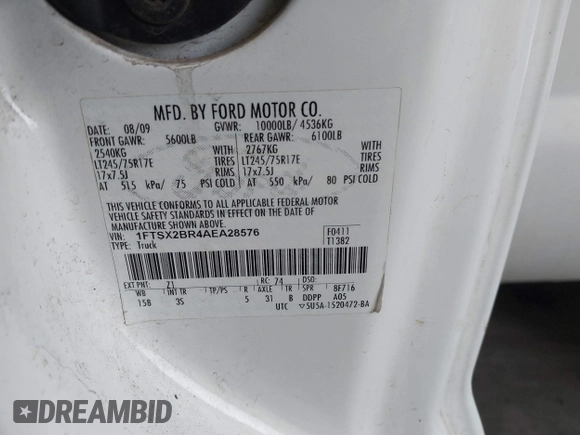 2010 Ford F-250 XL z VIN 1FTSX2BR4AEA28576, wystawiony jako IAAI lot #41615867 z przebiegiem Nie podano mil oraz . Historia ofert i sprzedaży dostępna na DreamBid. Obrazek 9.