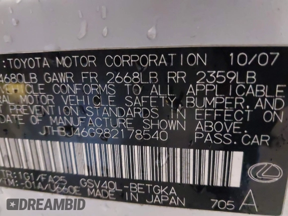 2008 Lexus ES 350 with VIN JTHBJ46G982178540, listed as a IAAI auction lot 41253655 with 192,106 mi miles. Bid and sale history available at carsss.com. Image 9.