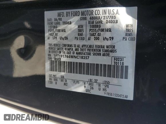 1998 Ford F-150 with VIN 1FTYF1764WNC18357, listed as a Copart auction lot 62138625 with 144,879 mi miles and Salvage title. Bid and sale history available at DreamBid. Image 12.
