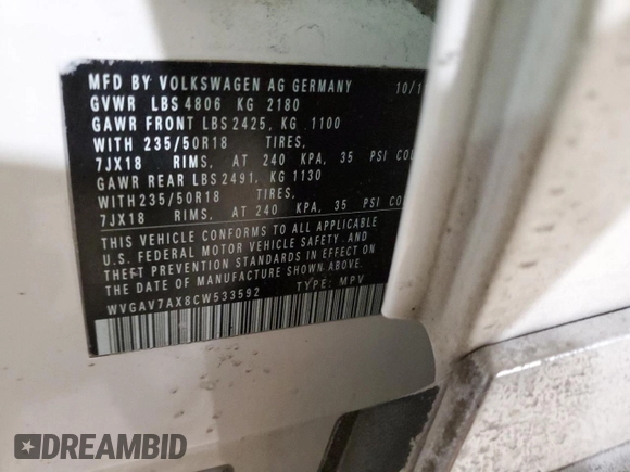 2012 Volkswagen Tiguan SE with VIN WVGAV7AX8CW533592, listed as a Copart auction lot 43246395 with 149,928 mi miles and Salvage Title. Bid and sale history available at DreamBid. Image 15.