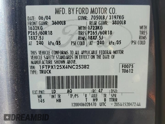 2004 Ford F-150 XL with VIN 1FTPX125X4NC25382, listed as a Copart auction lot 53637635 with 254,328 mi miles and Salvage Title. Bid and sale history available at DreamBid. Image 12.