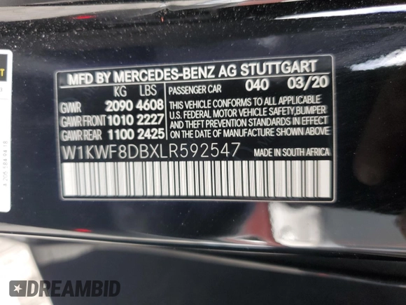 2020 Mercedes-Benz C 300 with VIN W1KWF8DBXLR592547, listed as a Copart auction lot 59551835 with 73,047 mi miles and Salvage title. Bid and sale history available at DreamBid. Image 13.