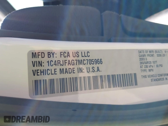 2021 Jeep Grand Cherokee Laredo X with VIN 1C4RJFAG7MC705966, listed as a IAAI auction lot 41784567 with 91,153 mi miles and . Bid and sale history available at DreamBid. Image 9.