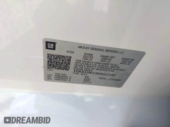 2019 GMC Yukon XL SLT with VIN 1GKS1GKC2KR117197, listed as a IAAI auction lot 41930764 with 47,350 mi miles. Bid and sale history available at carsss.com. Image 9.