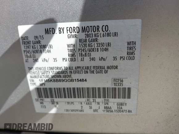 2016 Ford Explorer with VIN 1FM5K8B89GGB15484, listed as a IAAI auction lot 41653792 with 125,074 mi miles and . Bid and sale history available at carsss.com. Image 9.