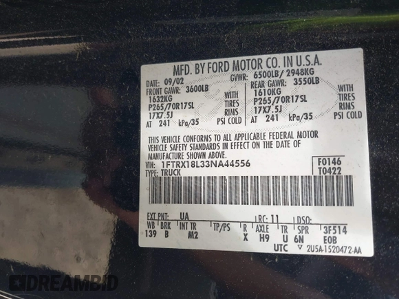 2003 Ford F-150 XL с VIN 1FTRX18L33NA44556, выставлен на аукционе IAAI как лот 42845613 с пробегом 172 830 миль миль и . История ставок и продаж доступна на DreamBid. Изображение 9.