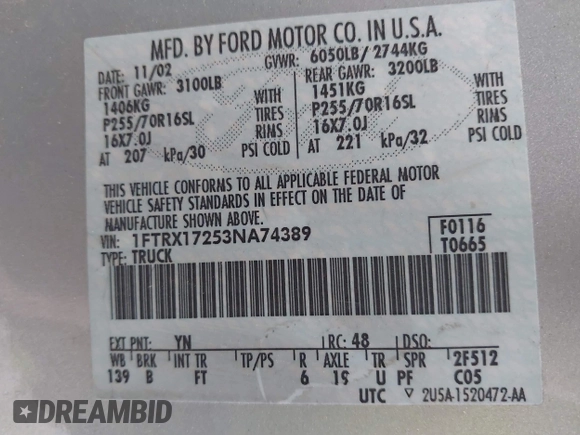 2003 Ford F-150 XL with VIN 1FTRX17253NA74389, listed as a IAAI auction lot 42072045 with 166,572 mi miles. Bid and sale history available at carsss.com. Image 9.