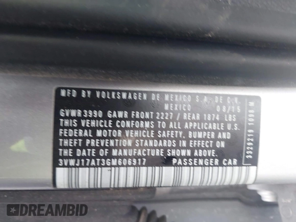 2016 Volkswagen Beetle SE с VIN 3VWJ17AT3GM606917, выставлен на аукционе IAAI как лот 41728053 с пробегом Не указан миль и . История ставок и продаж доступна на DreamBid. Изображение 9.