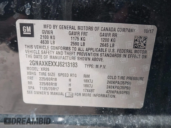 2018 Chevrolet Equinox LT with VIN 2GNAXKEXXJ6213183, listed as a IAAI auction lot 41878206 with 140,000 mi miles and . Bid and sale history available at DreamBid. Image 9.