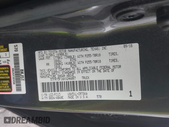 2019 Toyota Tundra 2WD SR with VIN 5TFRY5F16KX246087, listed as a IAAI auction lot 41650708 with 99,187 mi miles. Bid and sale history available at carsss.com. Image 9.
