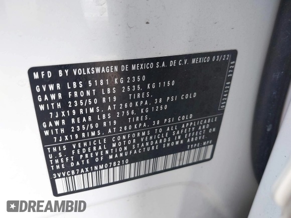 2022 Volkswagen Tiguan SE R-Line Black z VIN 3VVCB7AX1NM078210, wystawiony jako IAAI lot #42374836 z przebiegiem 37 774 mil mil oraz . Historia ofert i sprzedaży dostępna na DreamBid. Obrazek 9.