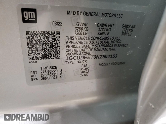 2022 Chevrolet Silverado 1500 RST with VIN 1GCUDEET0NZ504153, listed as a Copart auction lot 43828515 with 39,842 mi miles and Salvage Title. Bid and sale history available at DreamBid. Image 12.