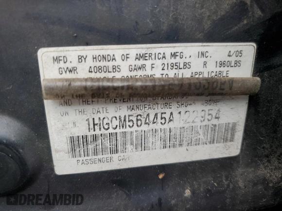2005 Honda Accord LX with VIN 1HGCM56445A122954, listed as a Copart auction lot 73354334 with 109,368 mi miles and Salvage title. Bid and sale history available at DreamBid. Image 13.