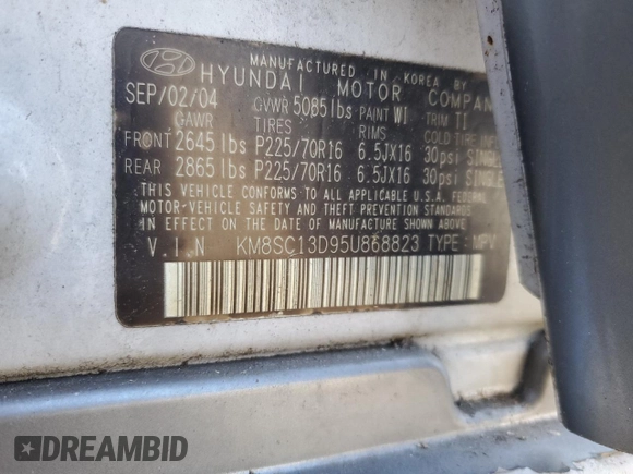 2005 Hyundai Santa Fe GLS with VIN KM8SC13D95U868823, listed as a Copart auction lot 80675094 with 0 mi miles and Salvage Title. Bid and sale history available at carsss.com. Image 13.