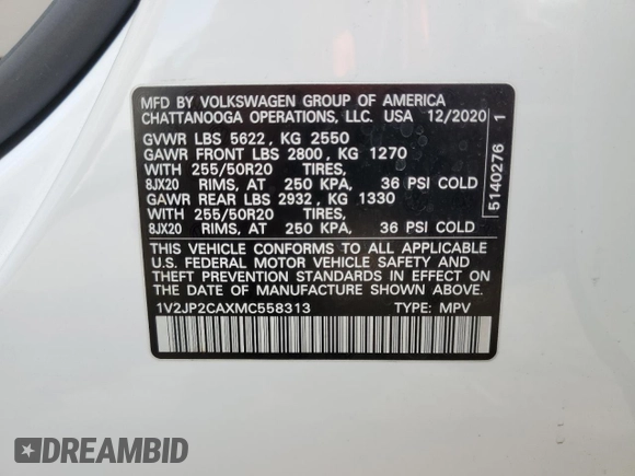 2021 Volkswagen Atlas SE with VIN 1V2JP2CAXMC558313, listed as a Copart auction lot 50382084 with 55,361 mi miles and Salvage title. Bid and sale history available at DreamBid. Image 15.