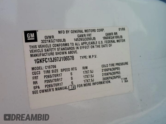 2007 GMC Yukon SLT with VIN 1GKFC13J97J106578, listed as a Copart auction lot 52155905 with 206,014 mi miles and Salvage Title. Bid and sale history available at carsss.com. Image 13.