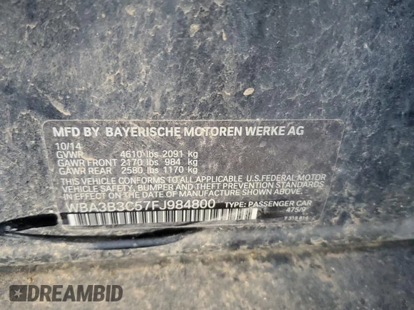 2015 BMW 3 Series 328i xDrive with VIN WBA3B3C57FJ984800, listed as a Copart auction lot 89402685 with 0 mi miles and Salvage Title. Bid and sale history available at carsss.com. Image 13.