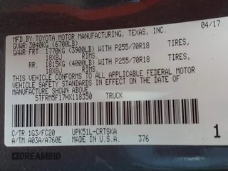 2017 Toyota Tundra SR with VIN 5TFRM5F17HX118350, listed as a IAAI auction lot 42097391 with Not provided miles and . Bid and sale history available at DreamBid. Image 9.