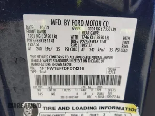 2013 Ford F-150 XL with VIN 1FTFW1EF7DFD74216, listed as a IAAI auction lot 42487563 with 145,888 mi miles and . Bid and sale history available at DreamBid. Image 9.