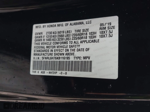 2019 Honda Odyssey EX-L with VIN 5FNRL6H76KB116195, listed as a IAAI auction lot 41078250 with 106,922 mi miles. Bid and sale history available at carsss.com. Image 9.