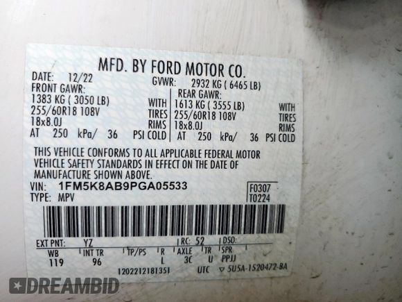 2023 Ford Police Interceptor Utility z VIN 1FM5K8AB9PGA05533, wystawiony jako Copart lot #54873695 z przebiegiem 41 284 mil mil oraz Szkody całkowita. Historia ofert i sprzedaży dostępna na DreamBid. Obrazek 14.