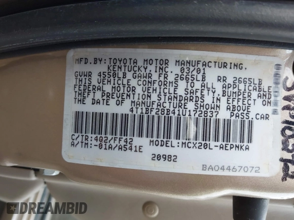 2001 Toyota Avalon XL z VIN 4T1BF28B41U172837, wystawiony jako IAAI lot #42350664 z przebiegiem 150 111 mil mil oraz . Historia ofert i sprzedaży dostępna na DreamBid. Obrazek 9.
